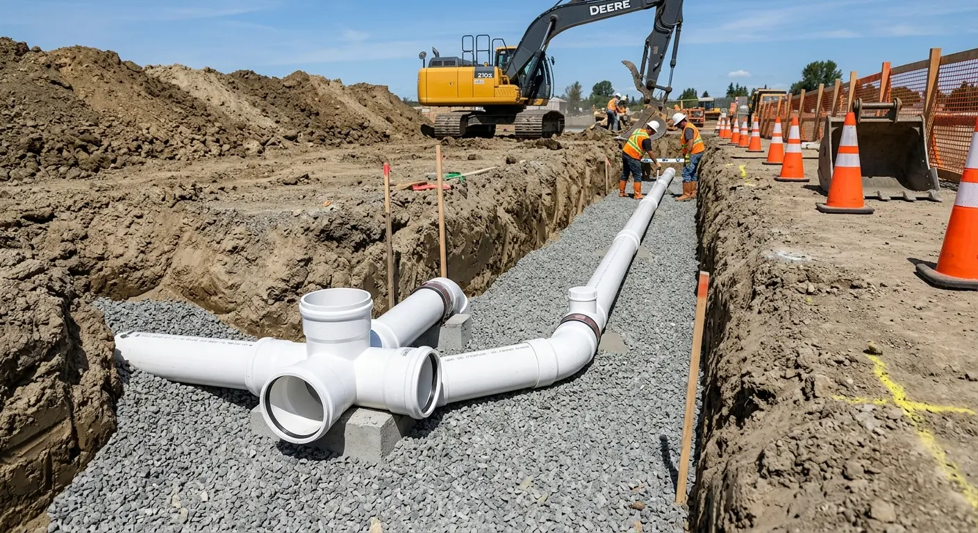 New PVC sewer pipe installation in open trench for Sewer Backup in Fort Valley