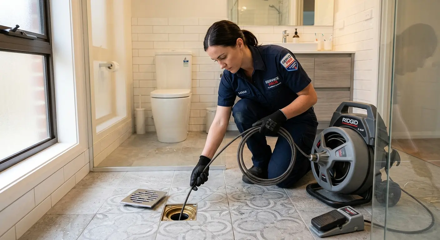 Technician clearing a bathroom floor drain for Drain Cleaning in Fort Valley